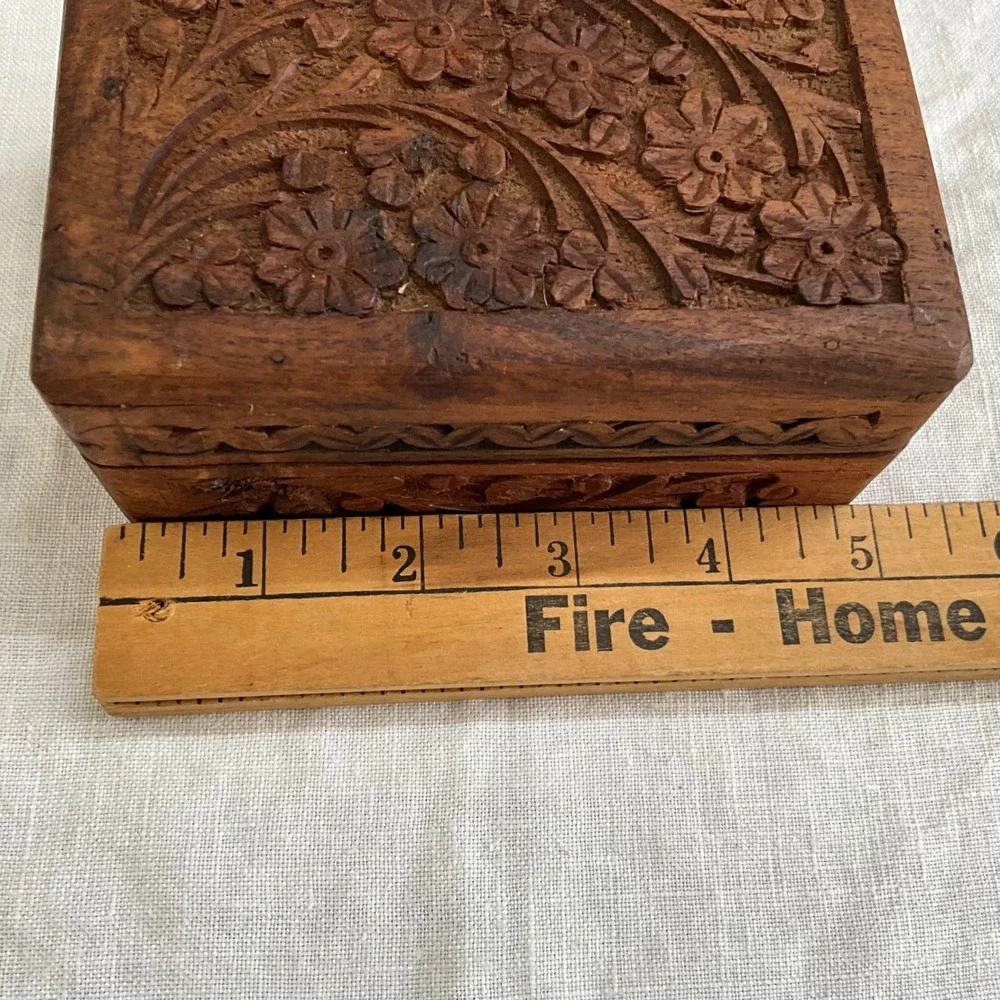 Hand Carved Wooden Jewelry Trinket Box Floral Vine Design Blue Velvet Lining